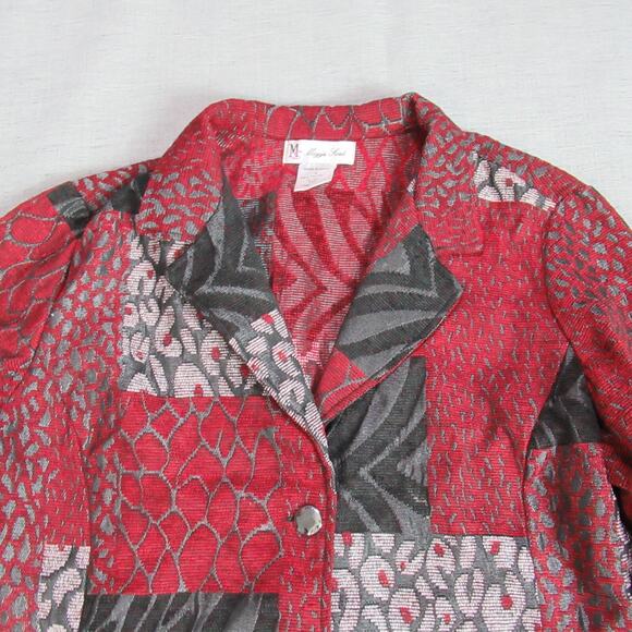 Maggie Sweet Jacket Womens L Red Gray Quilted Patchwork Retro Tapestry Textile - Picture 3 of 8